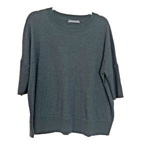 Anthropologie SZ M 100% Merino Wool Dark Teal Green Sweater 3/4 Sleeve Oversized
